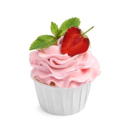 Photo of Tasty cupcake with strawberry and mint isolated on white