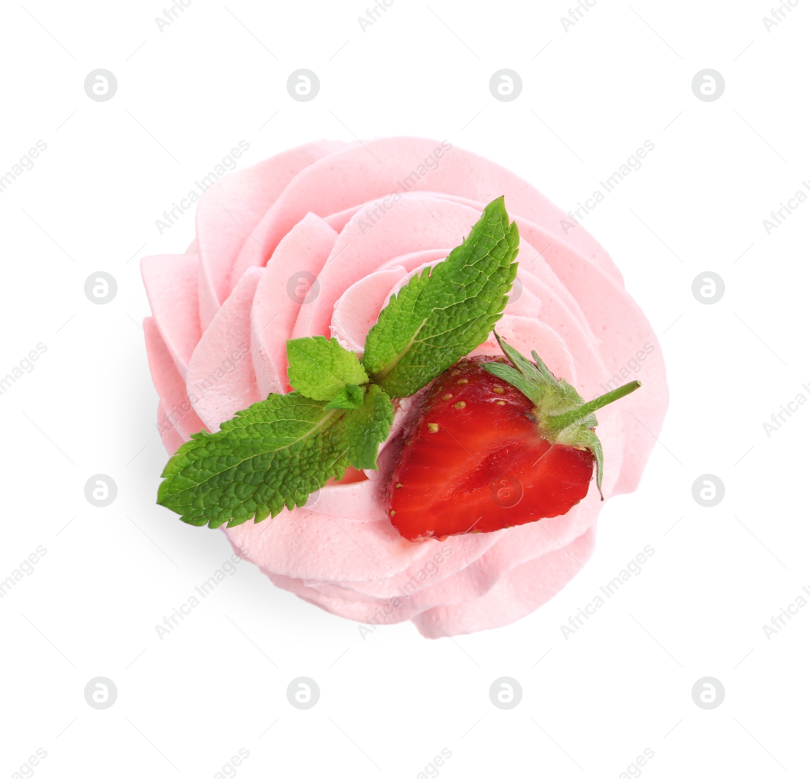 Photo of Tasty cupcake with strawberry and mint isolated on white, top view