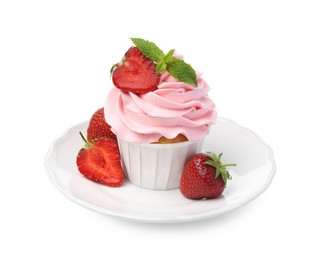 Photo of Tasty cupcake with strawberries and mint isolated on white