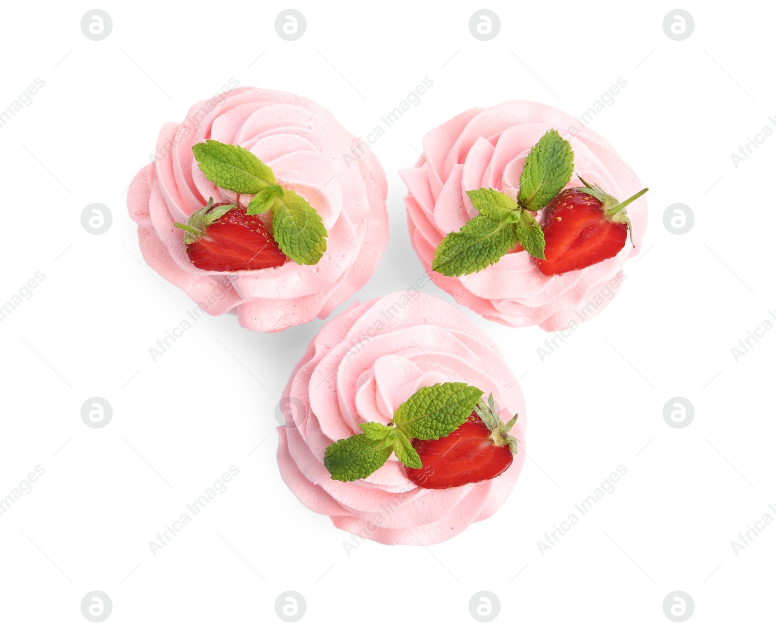 Photo of Tasty cupcakes with strawberries and mint isolated on white, top view