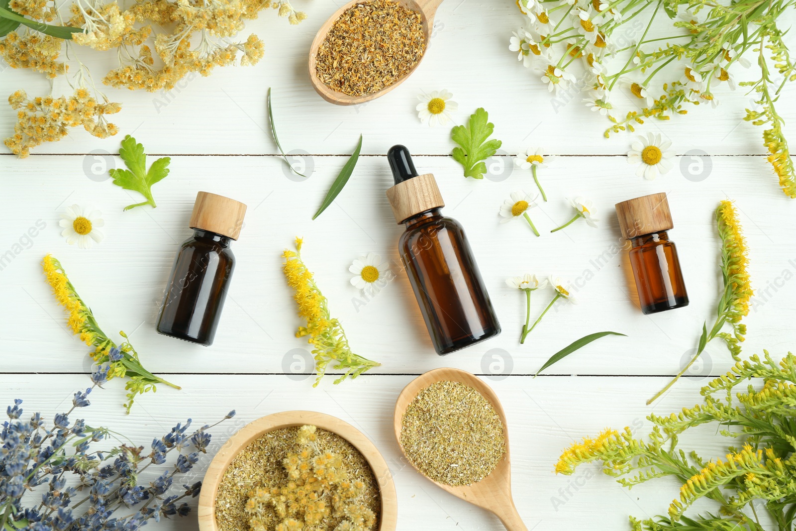 Photo of Tinctures in bottles and different medicinal herbs on white wooden table, flat lay