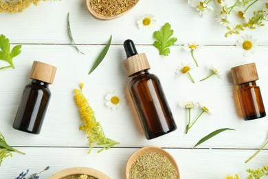 Photo of Tinctures in bottles and different medicinal herbs on white wooden table, flat lay