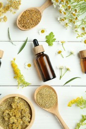 Photo of Tinctures in bottles and different medicinal herbs on white wooden table, flat lay