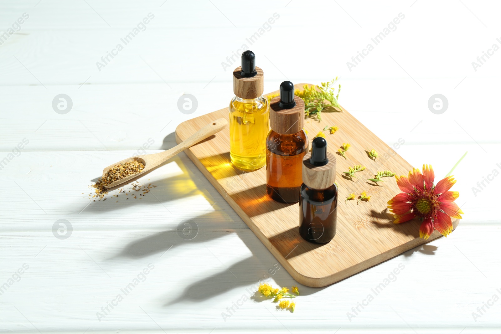 Photo of Tinctures in bottles, goldenrods and gaillardia flower on white wooden table