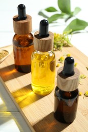 Photo of Tinctures in bottles and medicinal herbs on white wooden table, closeup