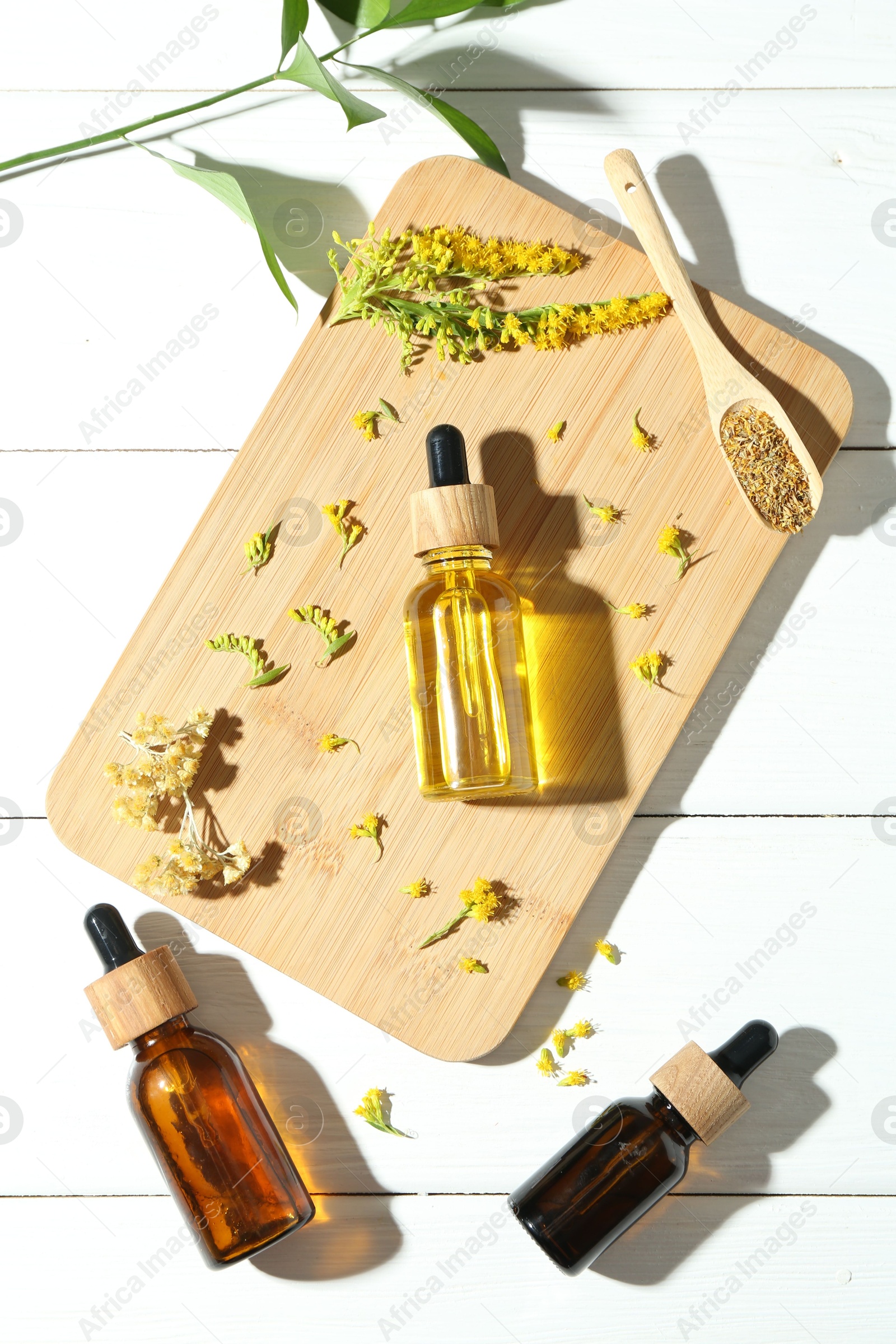 Photo of Tinctures in bottles, goldenrods and helichrysum flowers on white wooden table, top view