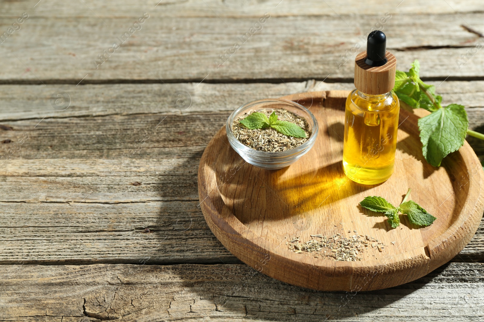 Photo of Tincture in bottle and herbs on wooden table, space for text