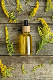 Photo of Tincture in bottle and goldenrod flowers on wooden table, flat lay