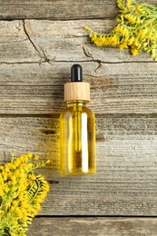 Photo of Tincture in bottle and goldenrod flowers on wooden table, top view