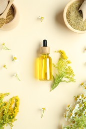 Photo of Tincture in bottle and medicinal herbs on beige background, flat lay