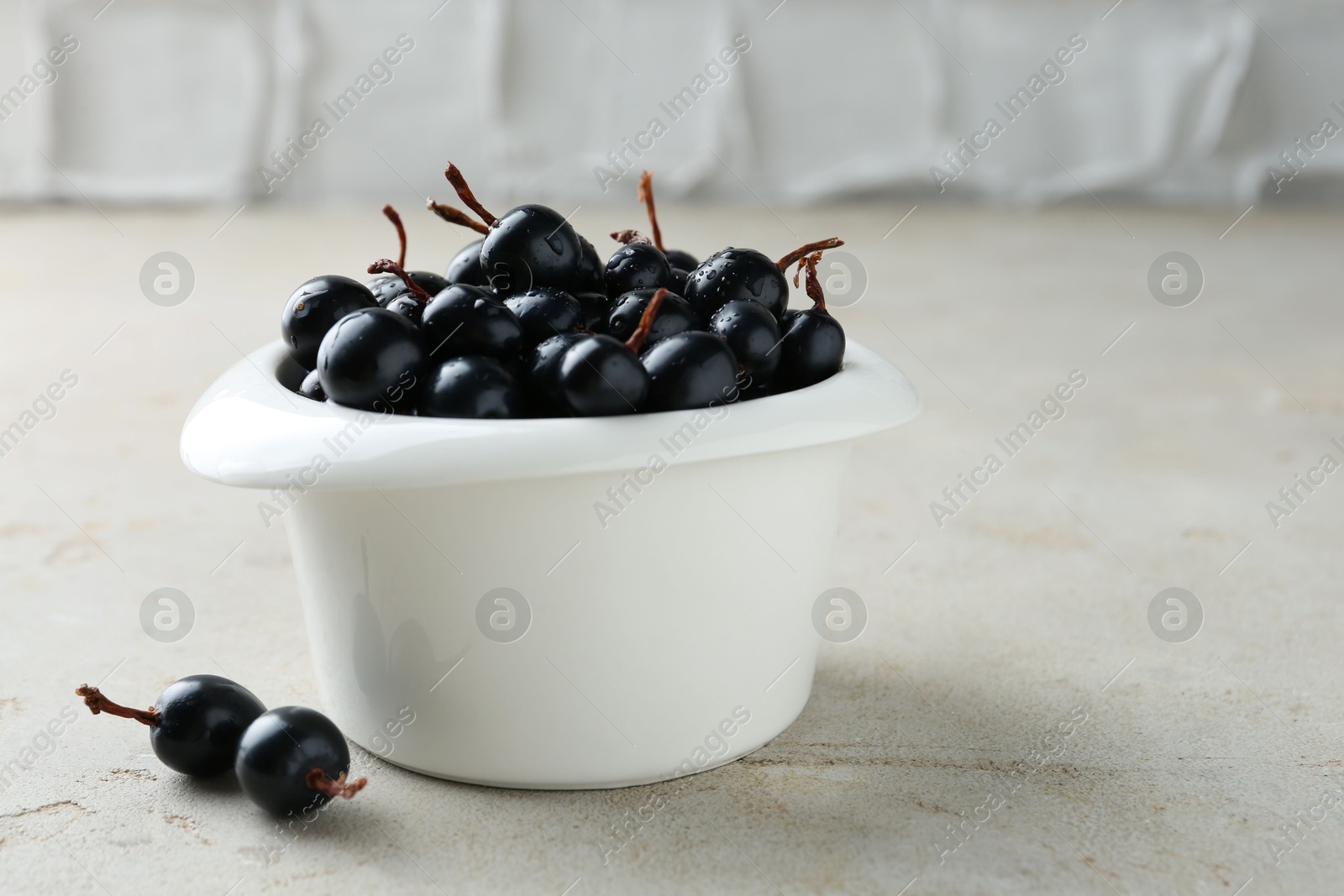 Photo of Ripe black currants in bowl on light table. Space for text