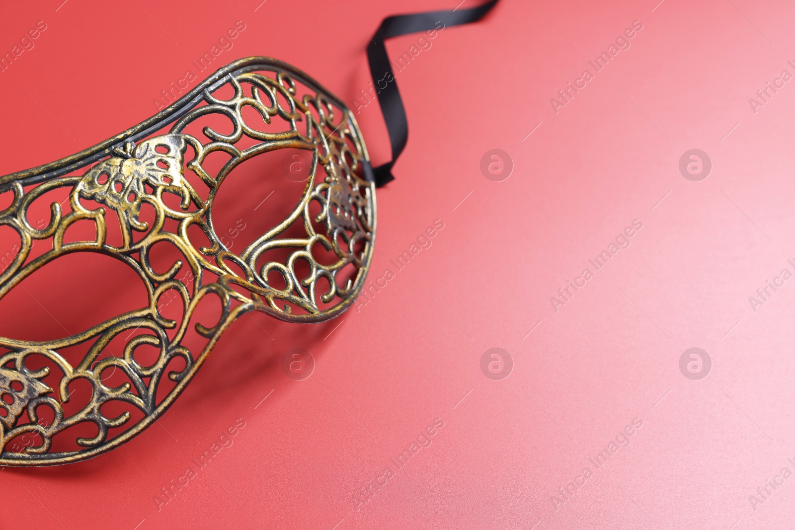 Photo of Beautiful carnival mask on red background, space for text