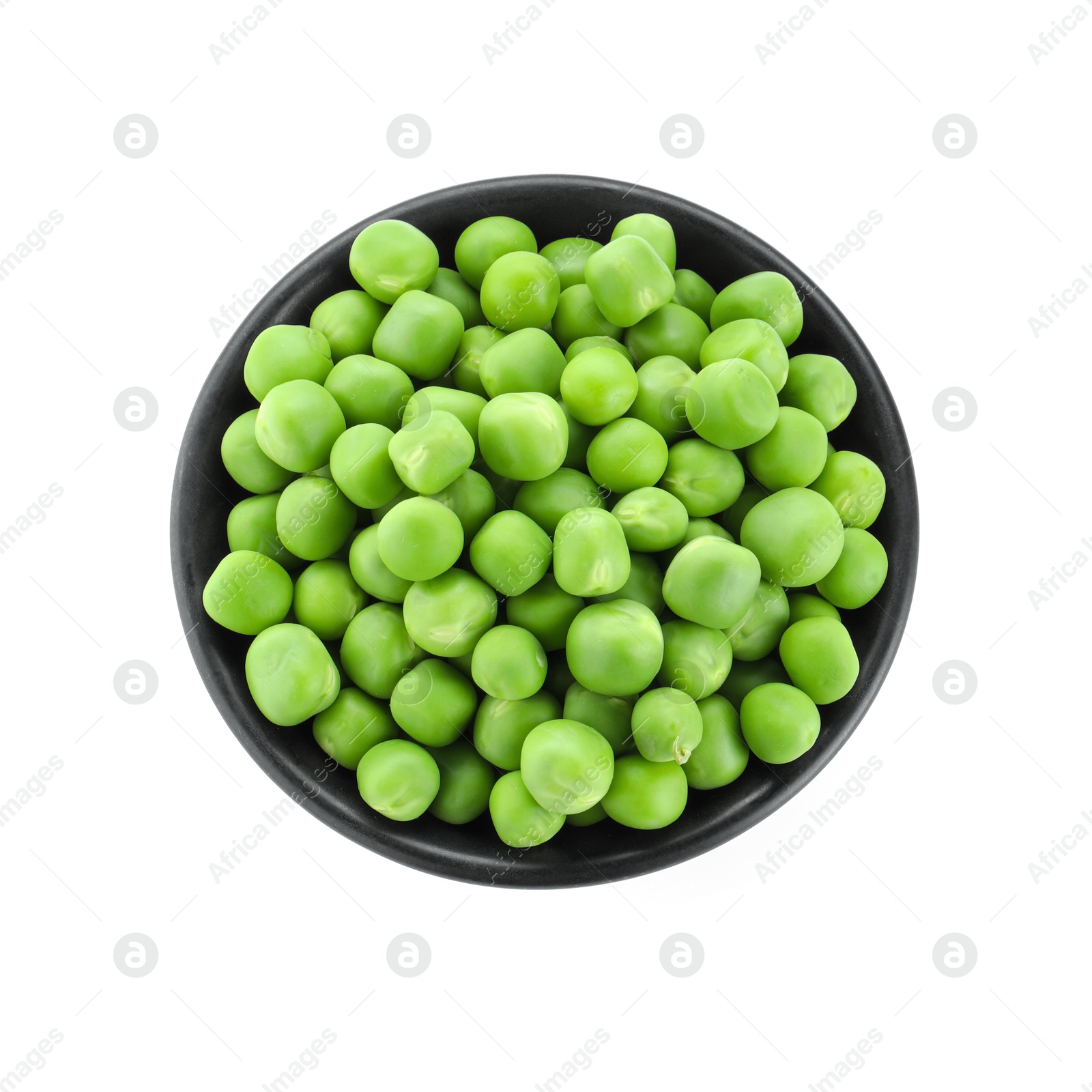 Photo of Fresh green peas in bowl isolated on white, top view