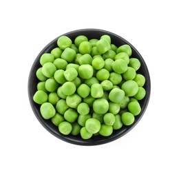 Photo of Fresh green peas in bowl isolated on white, top view