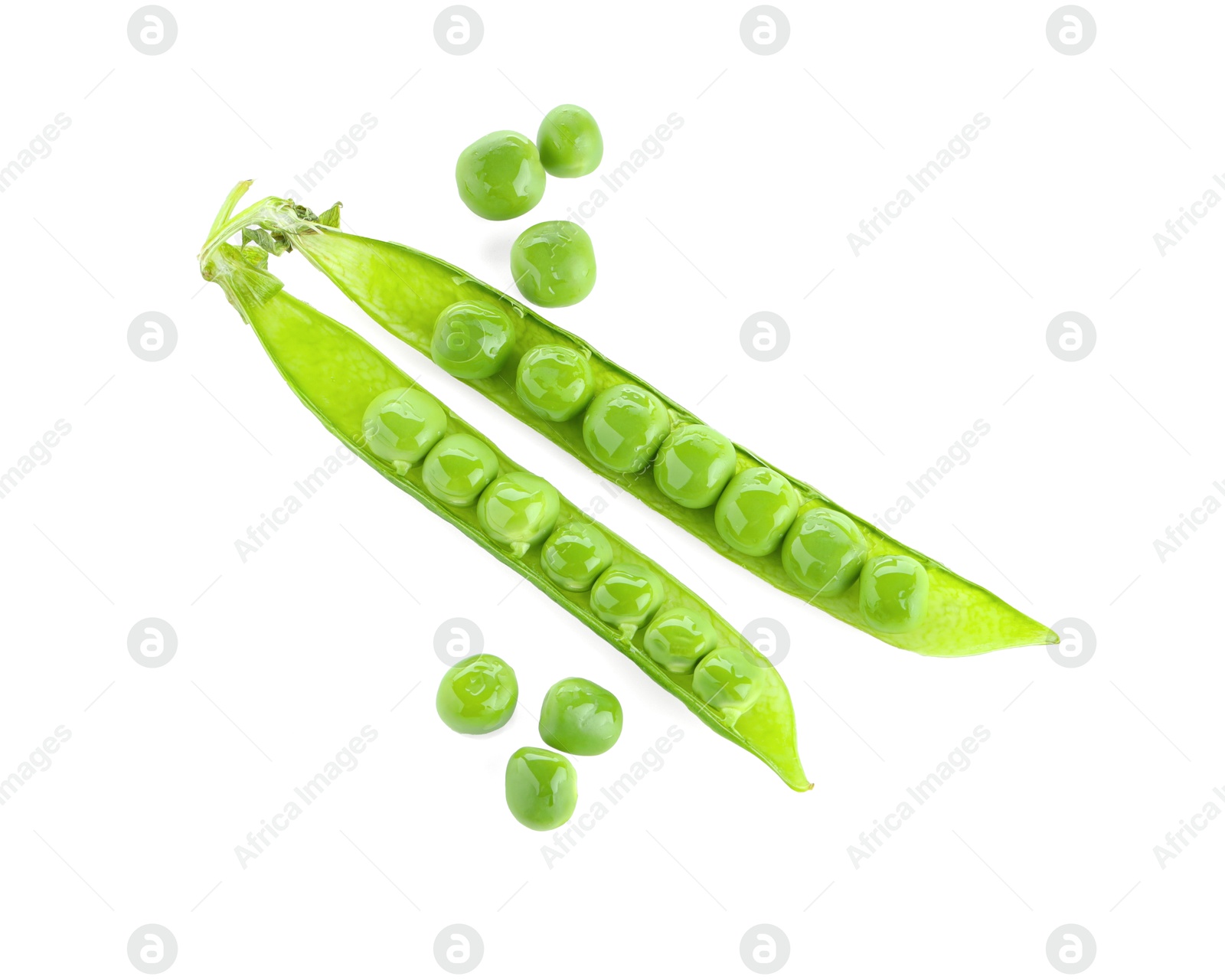 Photo of Green fresh peas and pods isolated on white, top view