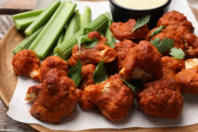 Photo of Baked cauliflower buffalo wings with celery and sauce on table, closeup