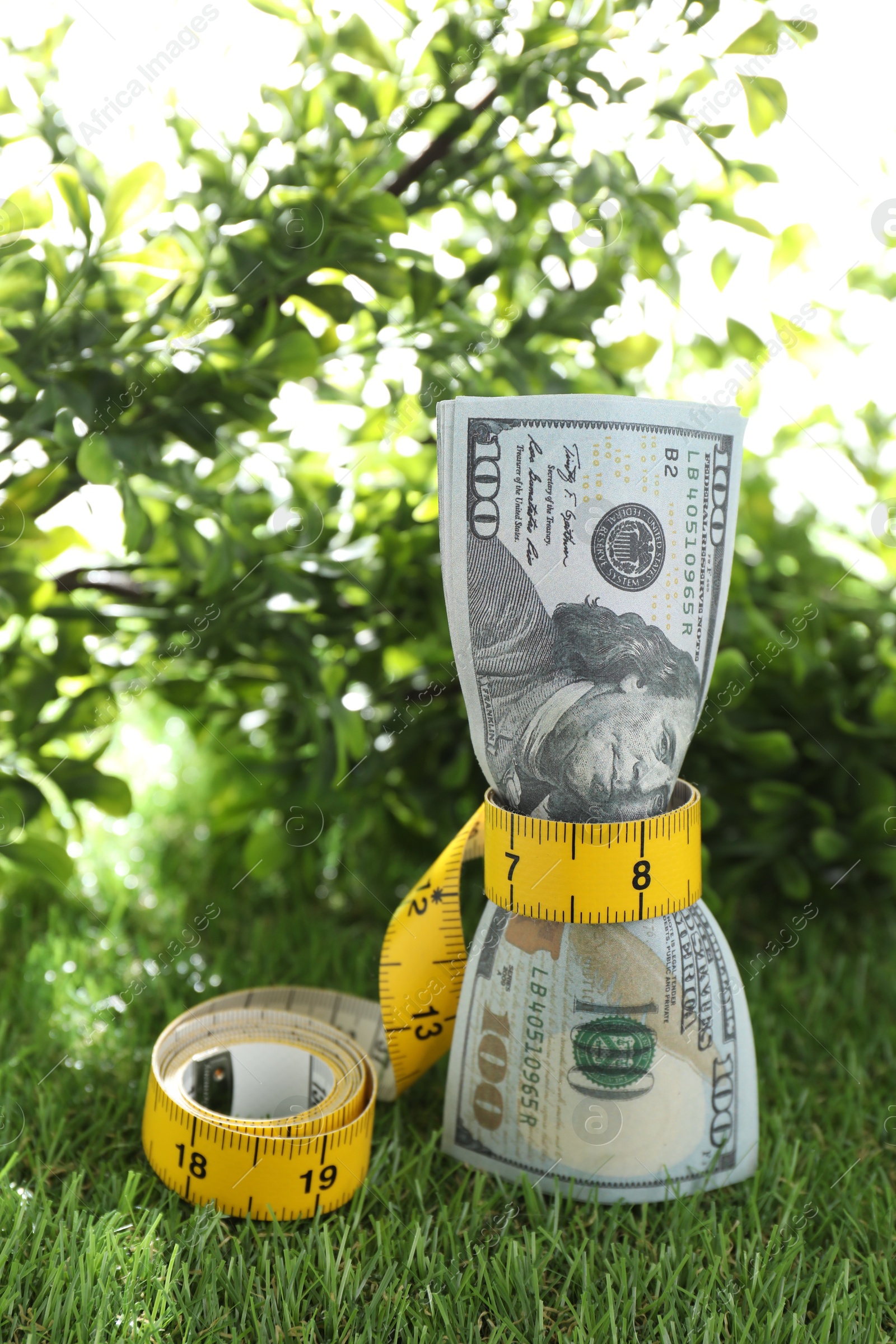 Photo of Budgeting. Dollar banknotes and measuring tape on green grass