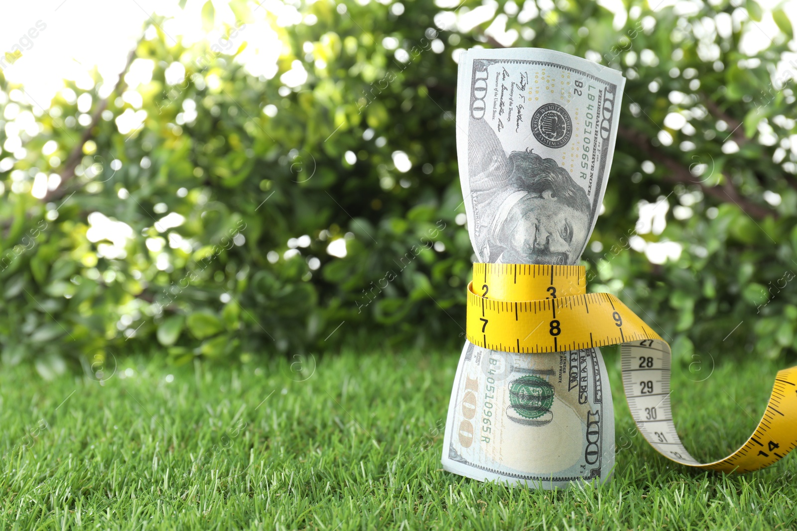 Photo of Budgeting. Dollar banknotes and measuring tape on green grass, space for text