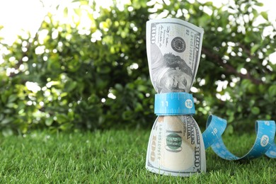 Photo of Budgeting. Dollar banknotes and measuring tape on green grass, space for text