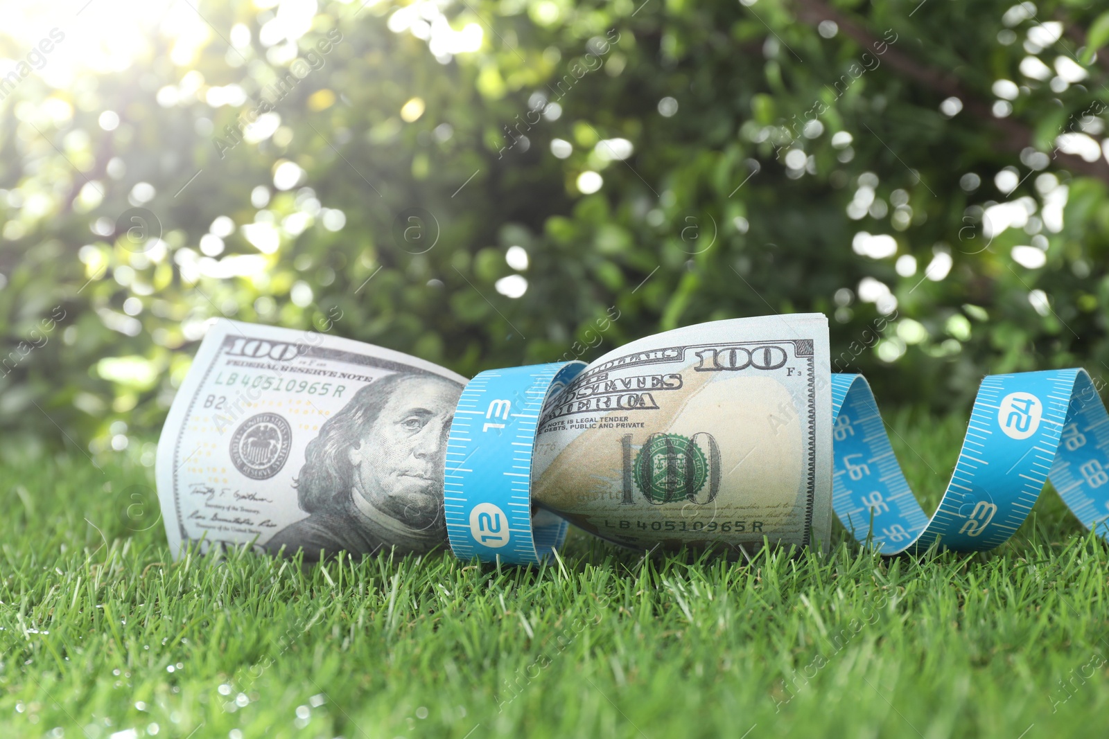 Photo of Budgeting. Dollar banknotes and measuring tape on green grass