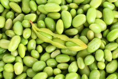 Raw green edamame pod on soybeans as background, top view