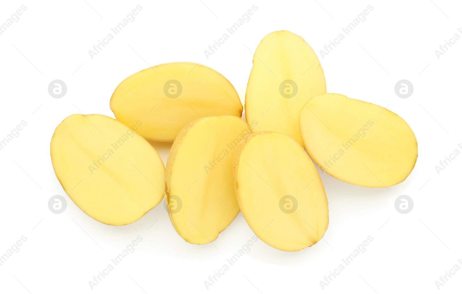 Photo of Halves of fresh cut potatoes isolated on white, top view