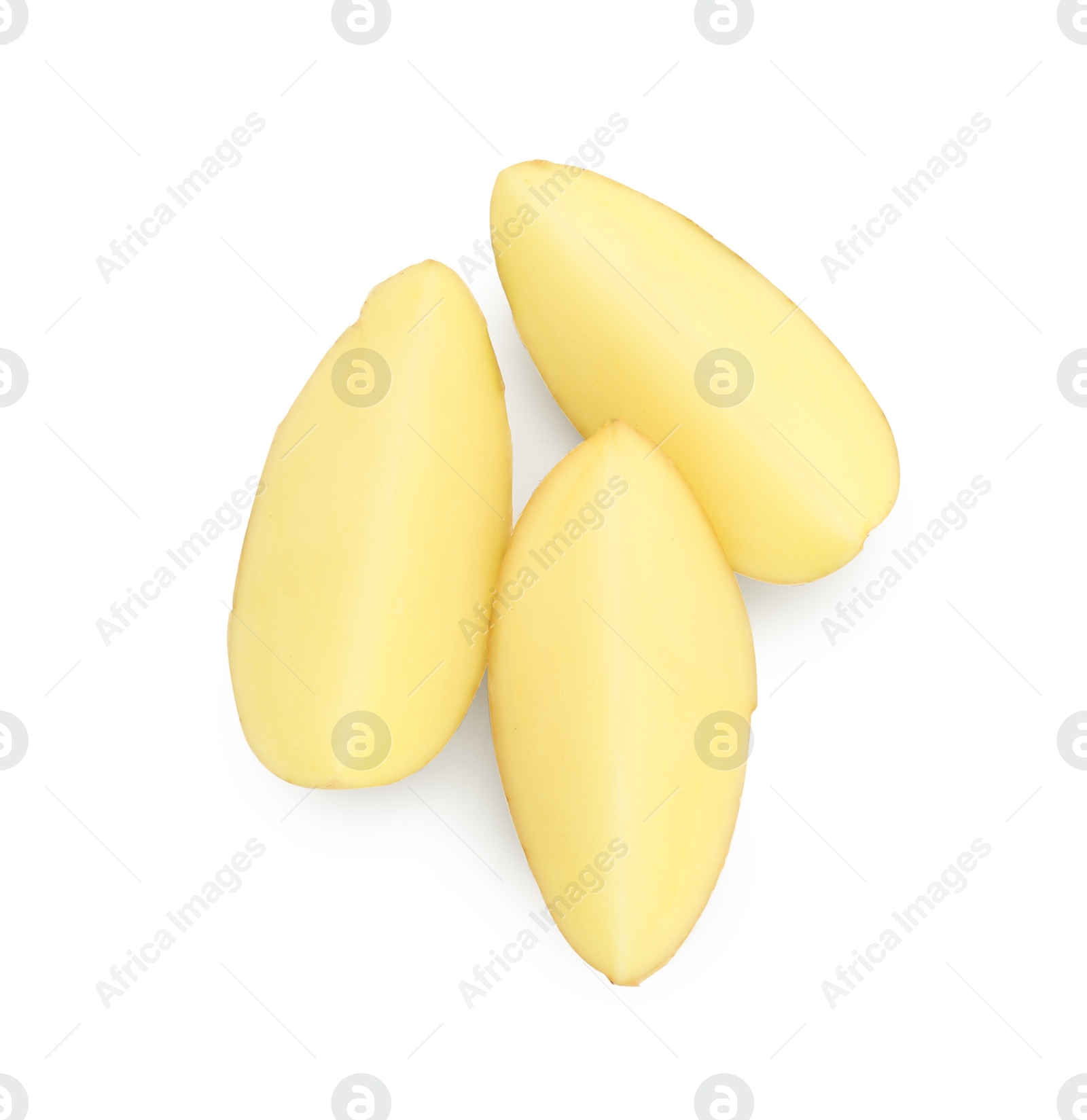 Photo of Fresh cut potato isolated on white, top view