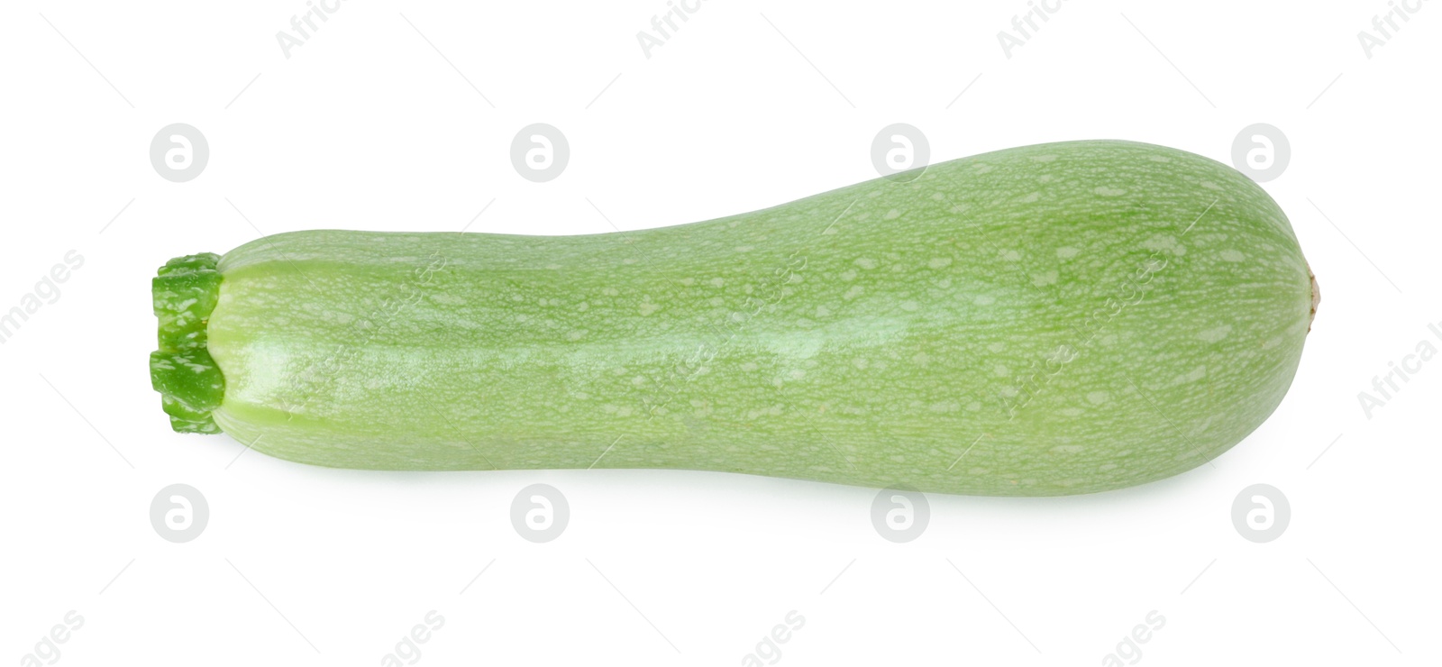 Photo of One fresh ripe zucchini isolated on white, top view