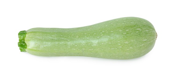 Photo of One fresh ripe zucchini isolated on white, top view