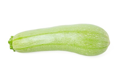 Photo of One fresh ripe zucchini isolated on white, top view