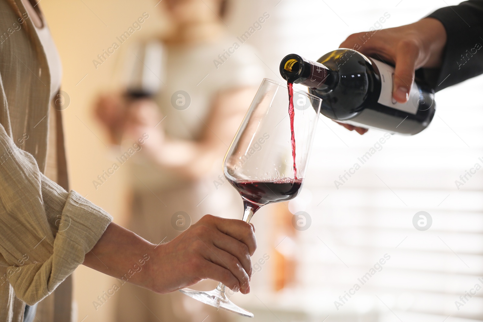 Photo of Man pouring red wine into woman`s glass indoors, selective focus