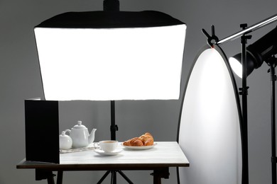 Shooting food in photo studio with professional lighting equipment