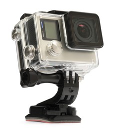 Photo of Modern action camera and mount isolated on white