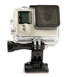 Modern action camera and mount isolated on white