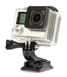 Modern action camera and mount isolated on white