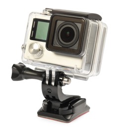 Photo of Modern action camera and mount isolated on white