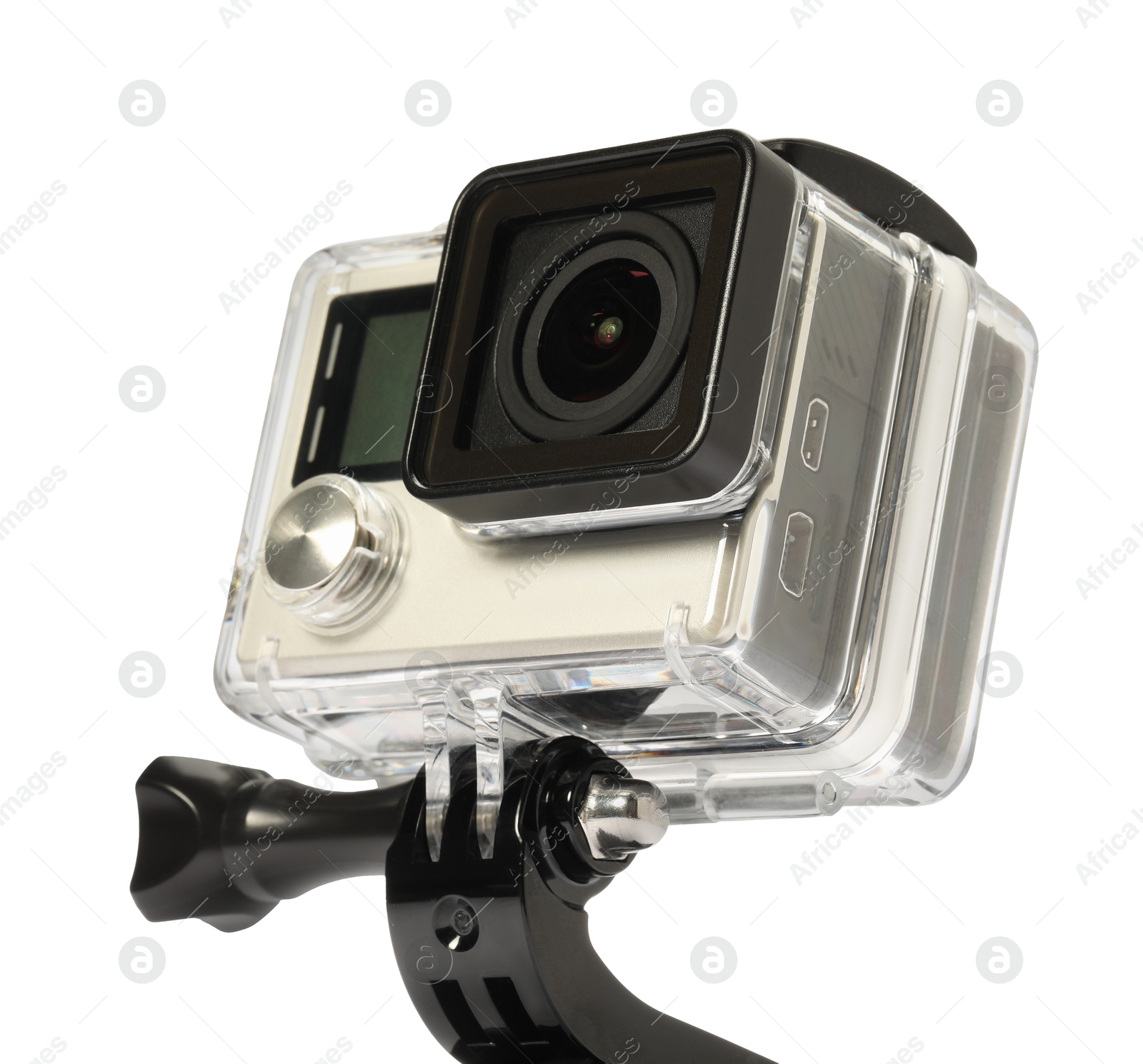 Photo of Modern action camera and mount isolated on white