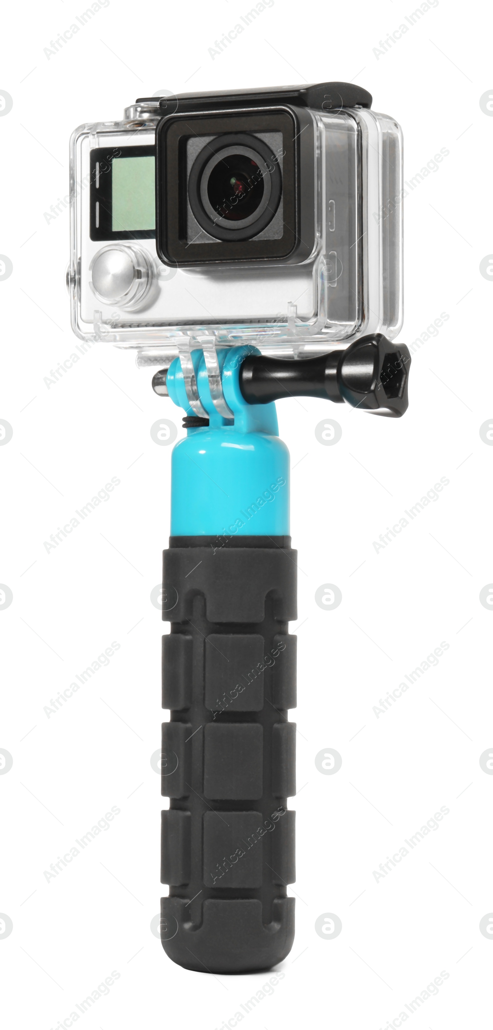 Photo of Modern action camera and monopod isolated on white