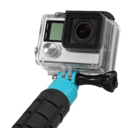 Modern action camera and monopod isolated on white