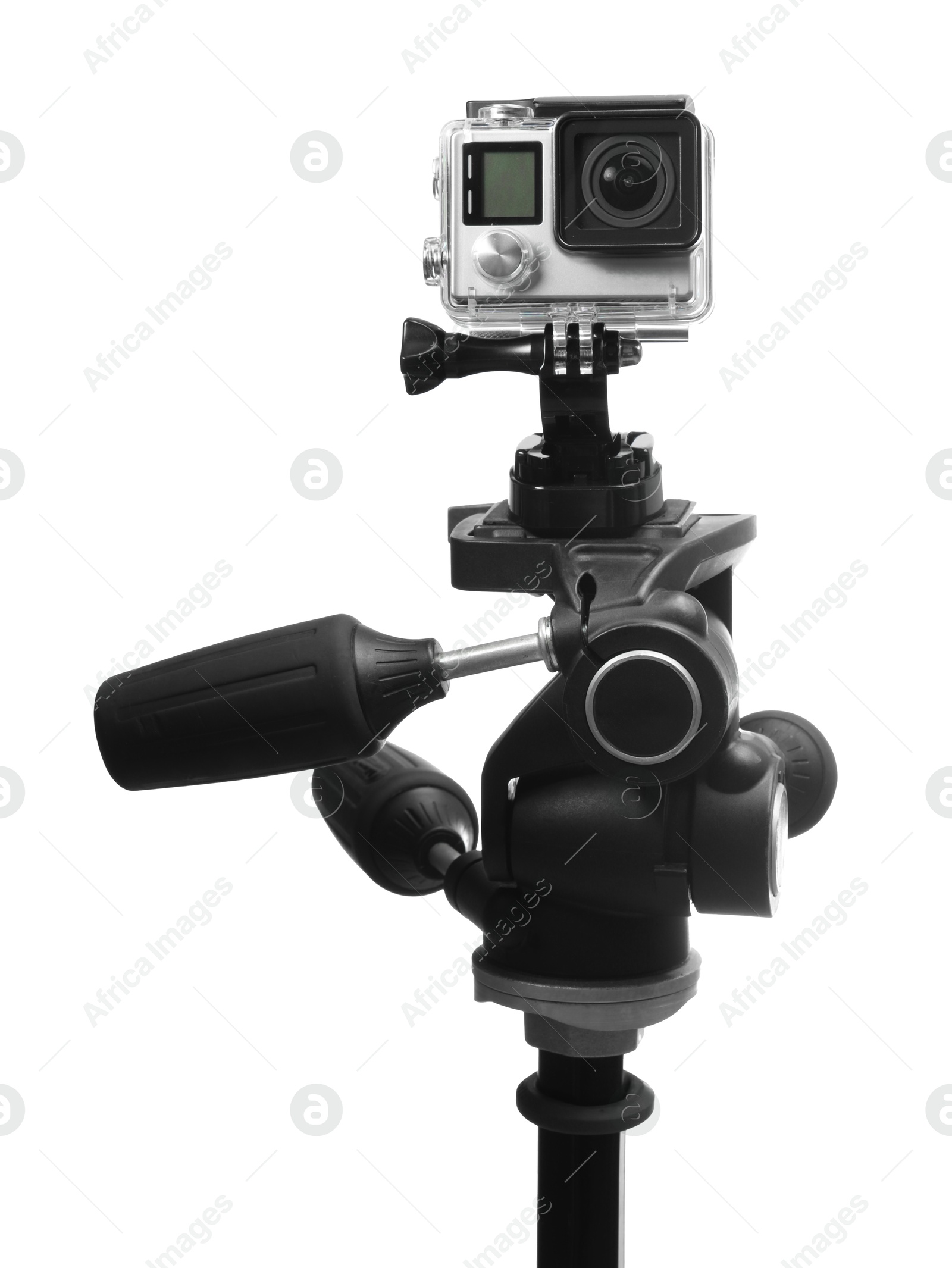 Photo of Modern action camera and stabilizer isolated on white