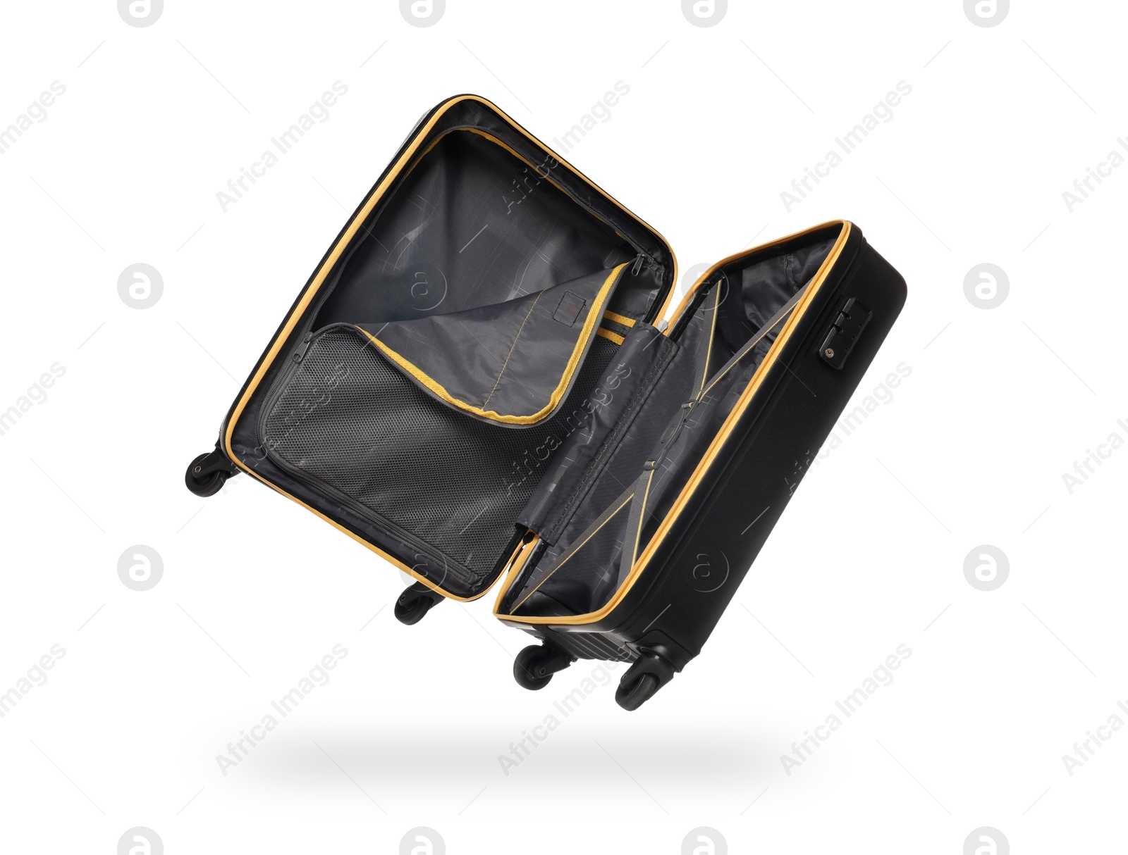 Image of Open empty suitcase in air on white background