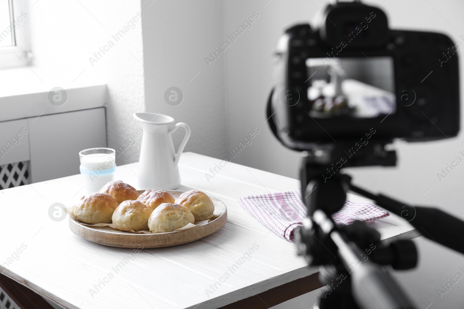 Photo of Shooting food with professional camera in photo studio, selective focus