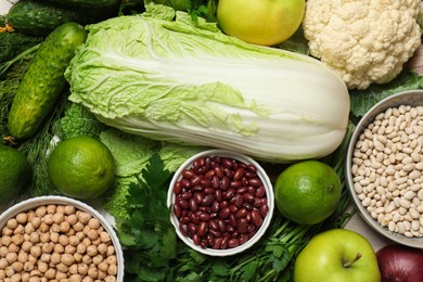 Different vegetarian products on table, top view