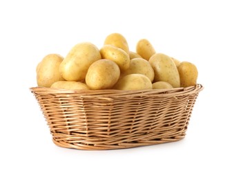 Photo of Young potatoes in wicker basket isolated on white