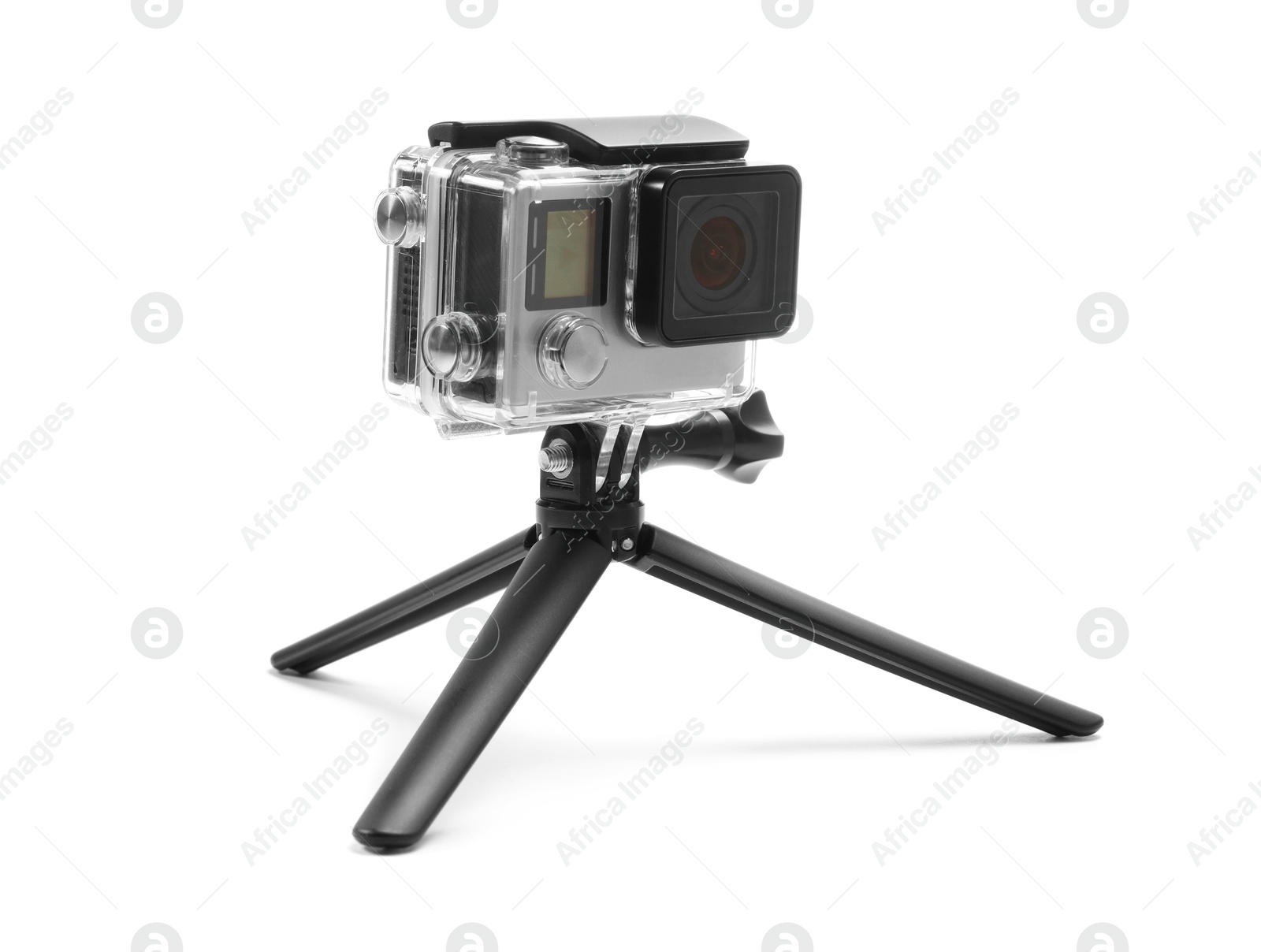 Photo of Modern action camera and tripod isolated on white