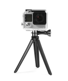 Modern action camera and tripod isolated on white