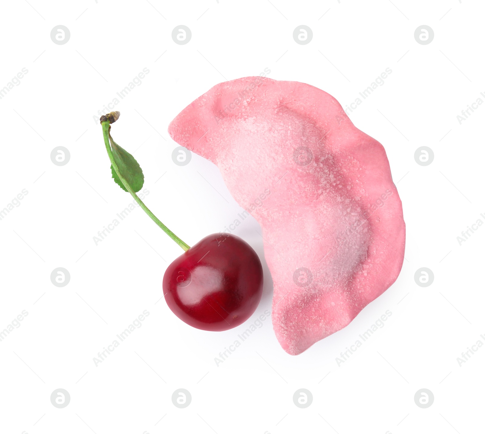 Photo of One frozen dumpling (varenyk) and fresh cherry isolated on white, top view