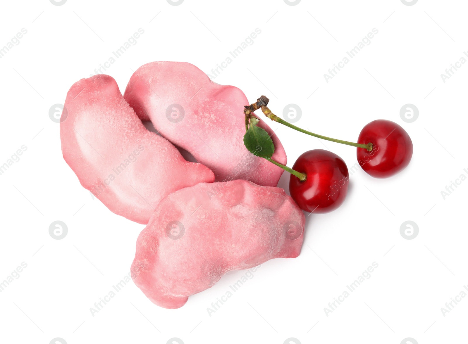 Photo of Frozen dumplings (varenyky) and fresh cherries isolated on white. Ukrainian cuisine