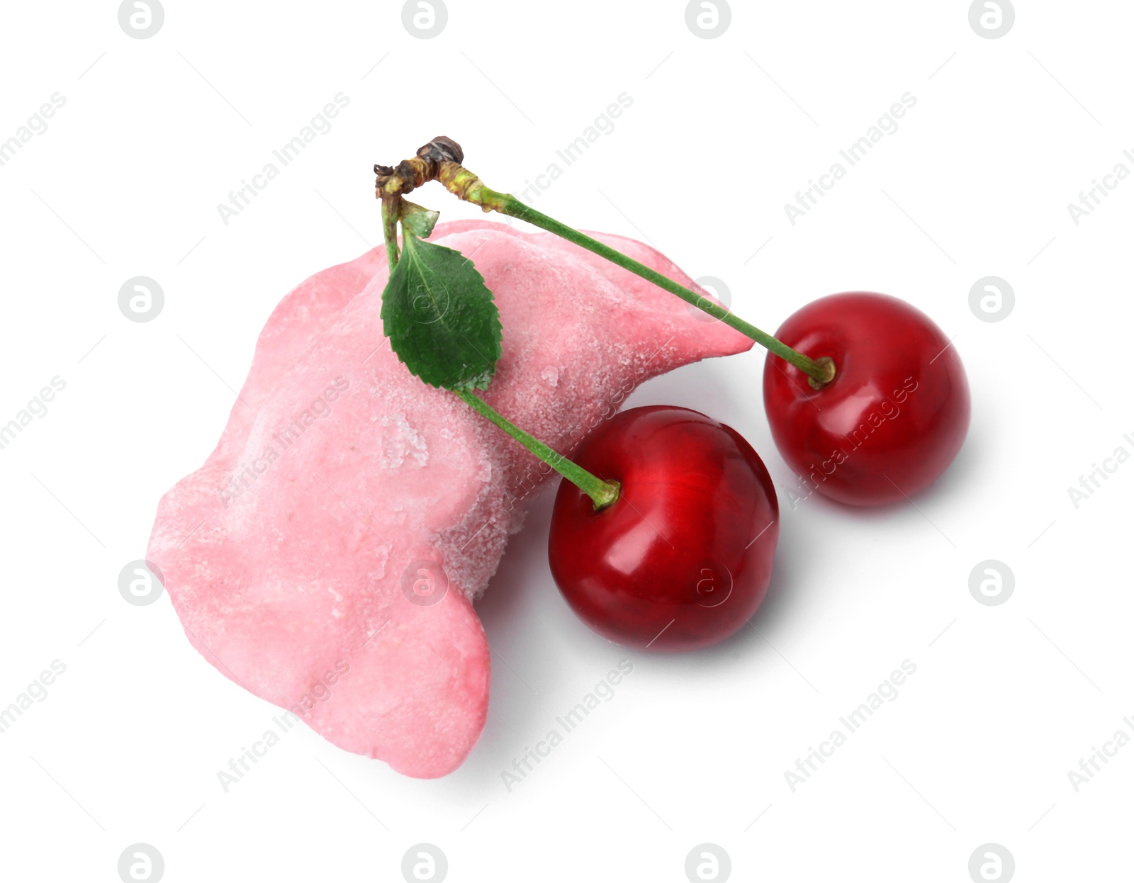 Photo of Frozen dumpling (varenyk) and fresh cherries isolated on white. Ukrainian cuisine