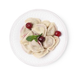 Traditional Ukrainian dumplings (varenyky) with cherries isolated on white, top view